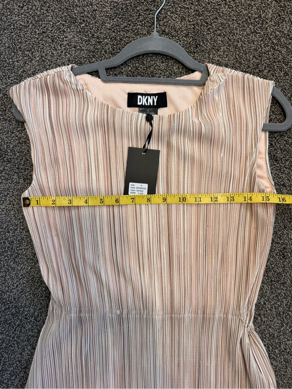 DKNY NWT Beige Taupe Pleated Midi Dress Removable Waist Tie 2 Small flaws Size 4 - Picture 11 of 16
